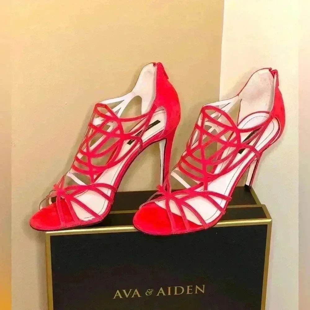 Ava & Aiden Maelee Red Nubuck Strappy Stiletto Heels | Size 10M